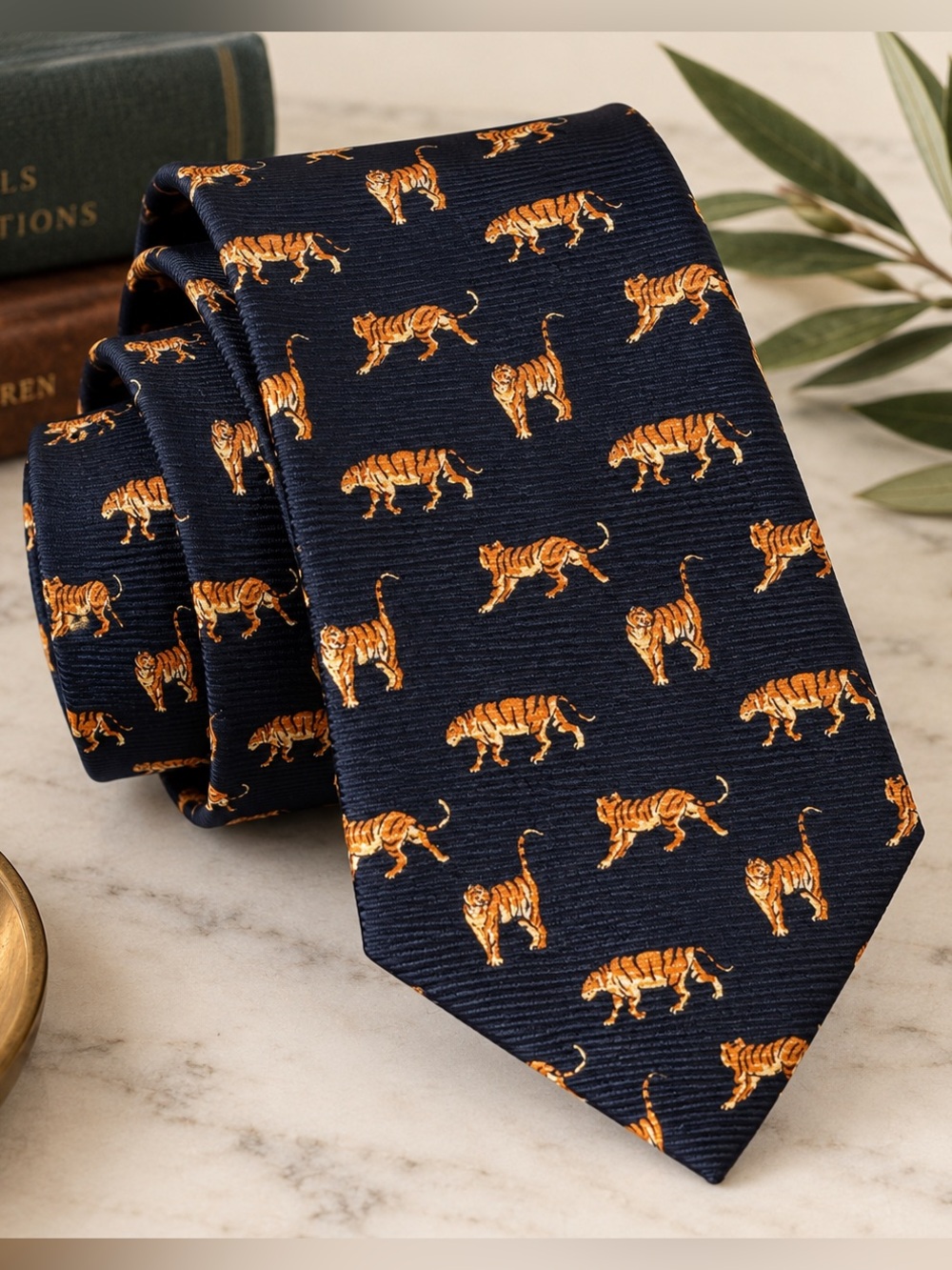 Vintage Lauren Ralph Lauren Tiger Print Silk Tie Navy Made in USA Necktie